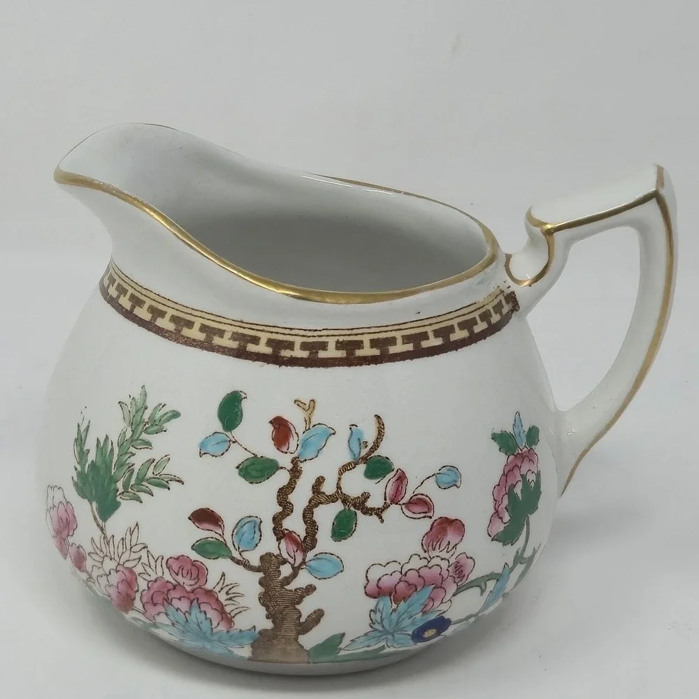 Vintage Indian Tree Ceramic Creamer Pitcher England Chinoiserie Floral Gold Rim